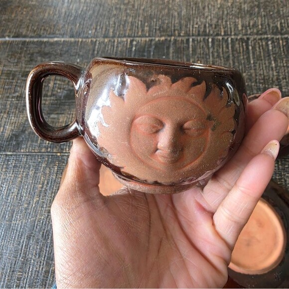 Set of 2 Brown Glazed Sunburst Ceramic Earthenware Cup & Saucer Celestrial - Picture 8 of 11